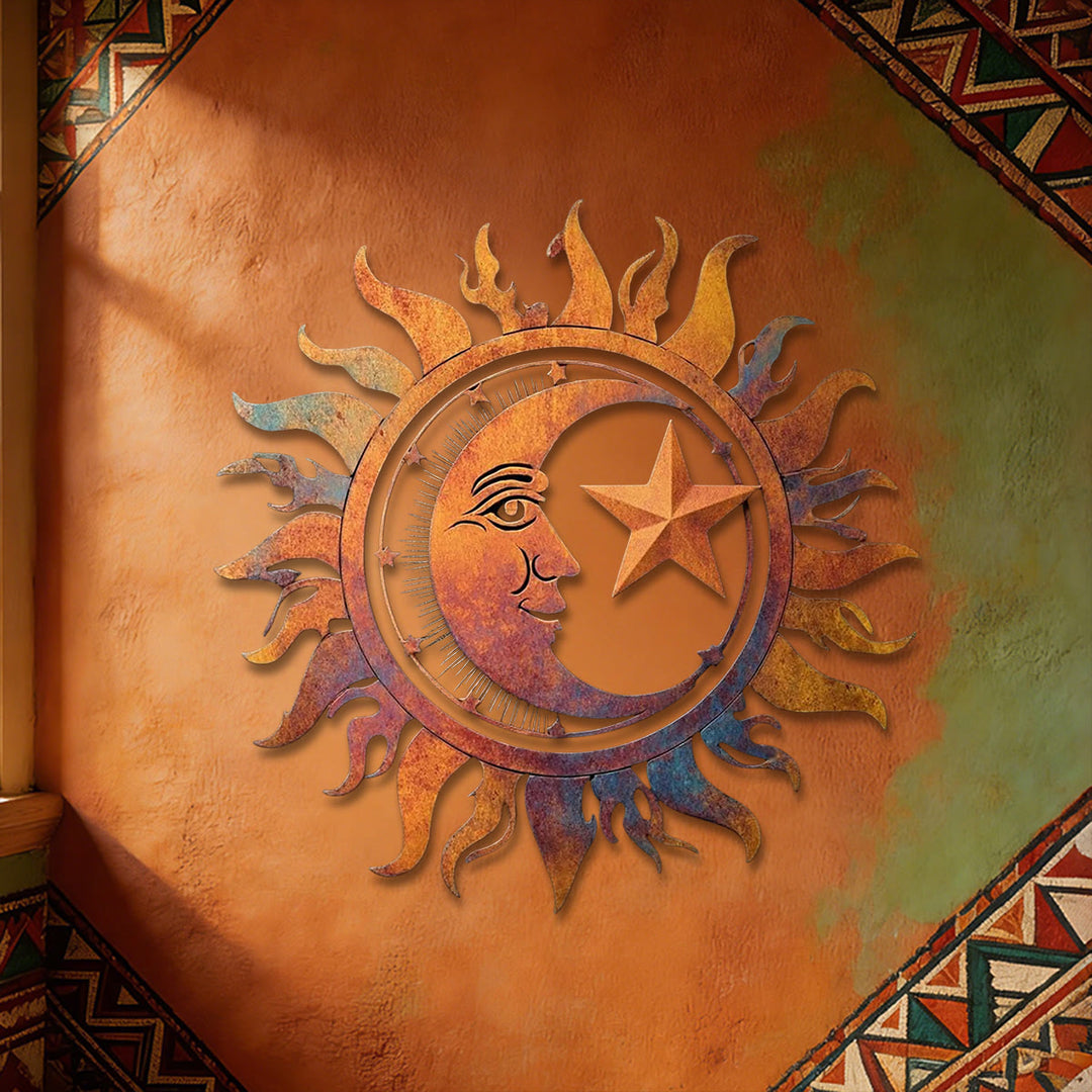 Décoration murale en métal 2D ajourée Olivenorma, motif soleil, lune et étoile rustique - image 4