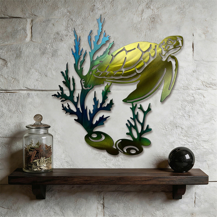 Décoration murale en métal 2D Olivenorma Corail Dégradé Tortue de Mer Creuse - Bleu - 41,5 cm × 38 cm × 1,2 mm - image 0