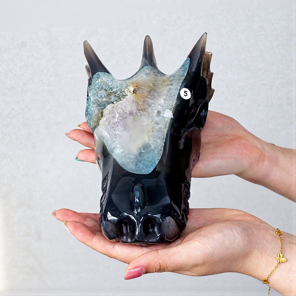 Décoration en agate tête de dragon en amas de quartz naturel Olivenorma - Noir-gris foncé - image 1