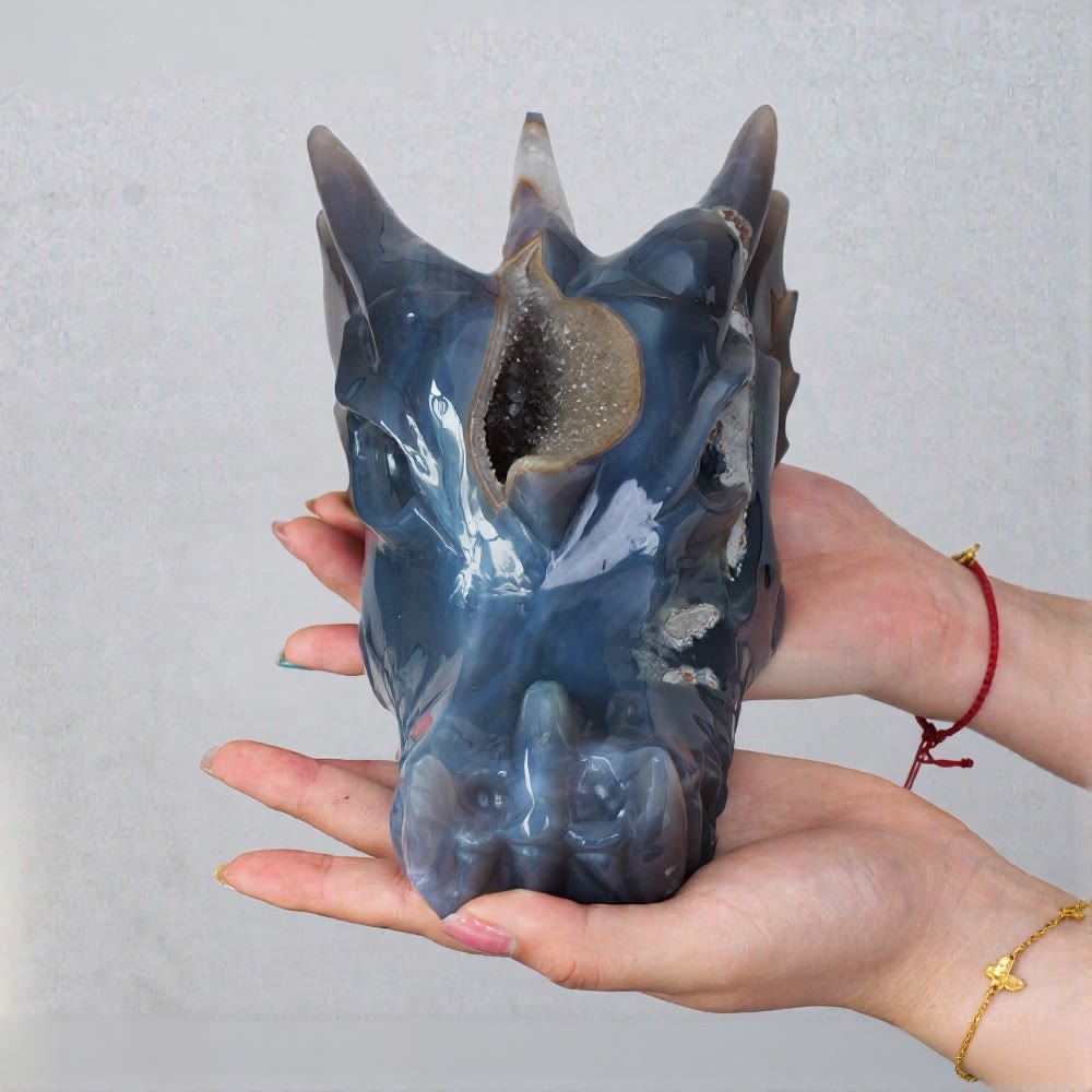 Décoration en agate tête de dragon en amas de quartz naturel Olivenorma - Agate bleu brumeux avec des reflets brun foncé - image 3