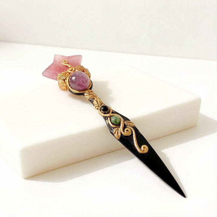 Baguette de cristal vintage Olivenorma Étoile Lune Cœur incrustée de cristal naturel - Quartz fraise - image 2