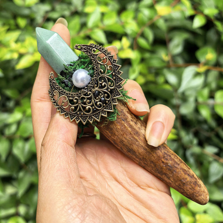 Baguette décorative Olivenorma en cristal naturel et motif triple lune en bois de cerf - Aventurine verte - image 4