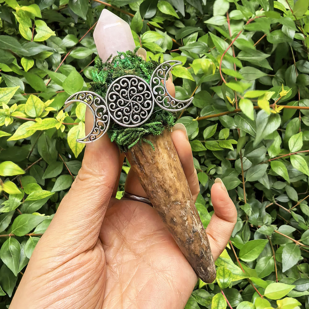Baguette décorative Olivenorma en cristal naturel et motif triple lune en bois de cerf - Quartz rose - image 2
