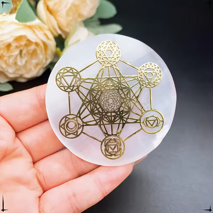 Cube Metatron Olivenorma, plaque de recharge en sélénite gravée des 7 chakras - image 1