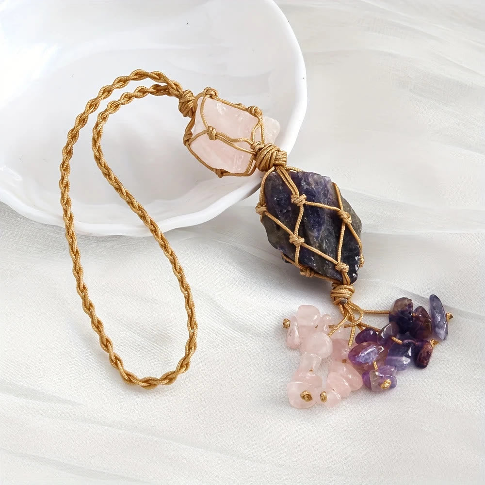 Pochette Olivenorma en filet tissé à la main avec pendentif en cristal naturel brut, accessoire de voiture, breloque pour sac, ornement - Quartz rose et améthyste - image 6