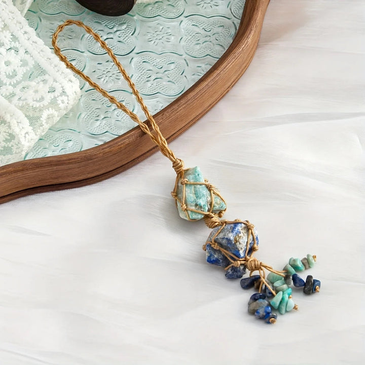 Pochette Olivenorma en filet tissé à la main avec pendentif en cristal naturel brut, accessoire de voiture, breloque pour sac, ornement - Amazonite et lapis-lazuli - image 3