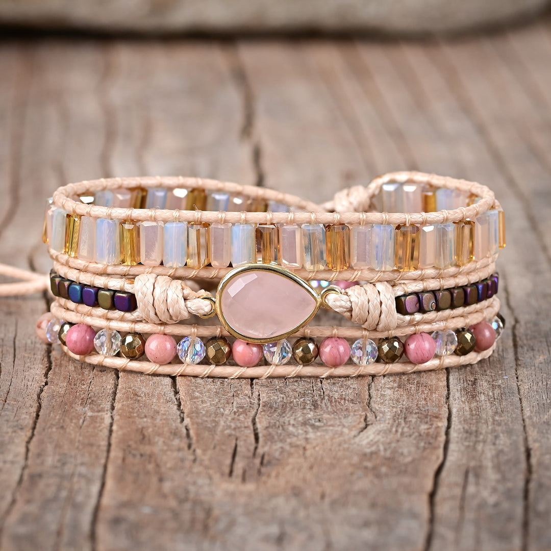 Bracelet Olivenorma en quartz rose, motif tissé empilé, symbole d'amour - image 1