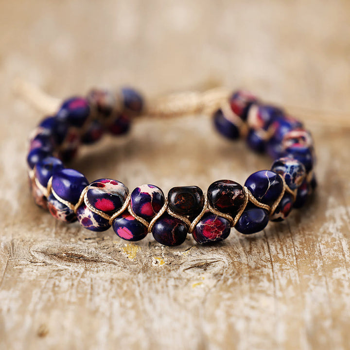 Bracelet Olivenorma Emperor Stone Bohemian Bead Weave Blessing Symbol - Violet Magenta - image 2