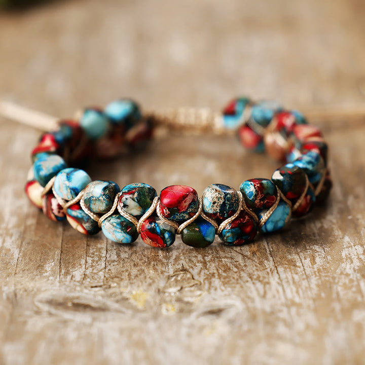 Bracelet Olivenorma Emperor Stone Bohemian Bead Weave Blessing Symbol - Bleu Rouge Mixte - image 4