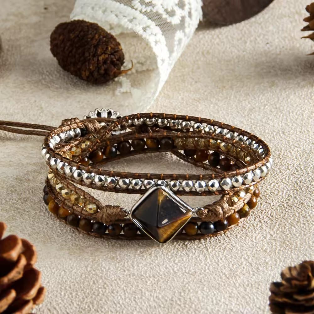 Bracelet magnétique Olivenorma en œil de tigre naturel, tissé à la main, symbole d'énergie - Brun foncé - image 0