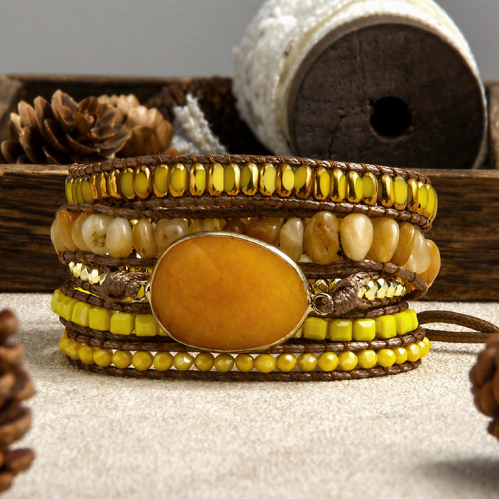 Bracelet Olivenorma en hématite, tissé à la main, multi-rangs, style bohème décontracté, symbole d'équilibre - Jaune - image 5