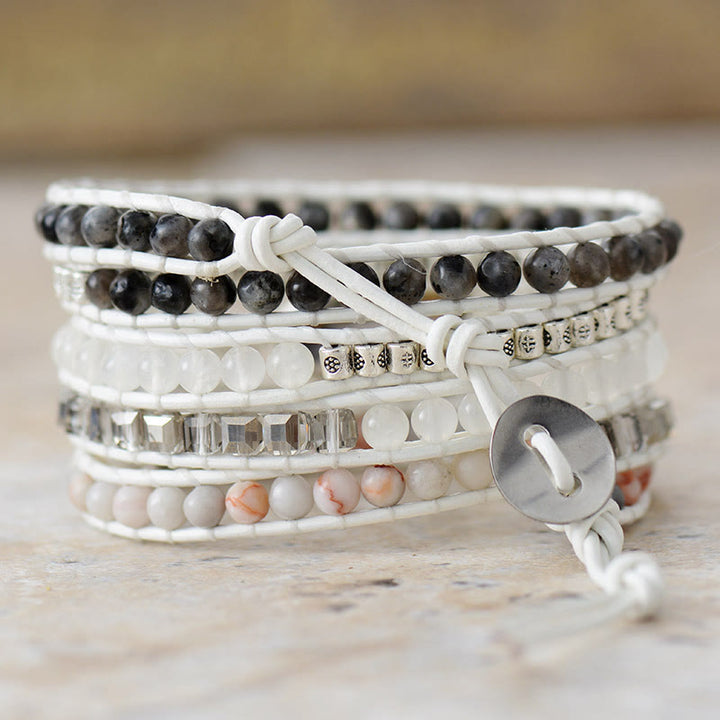 Bracelet Olivenorma en agate noire et blanche, 5 boucles, cordon en cuir, symbole de dualité - image 2