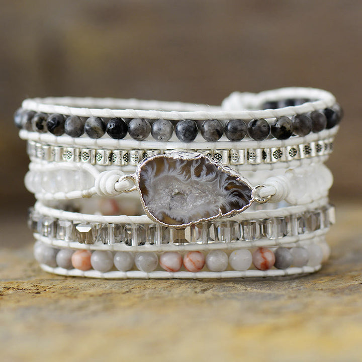 Bracelet Olivenorma en agate noire et blanche, 5 boucles, cordon en cuir, symbole de dualité - Agate noire et blanche - image 0