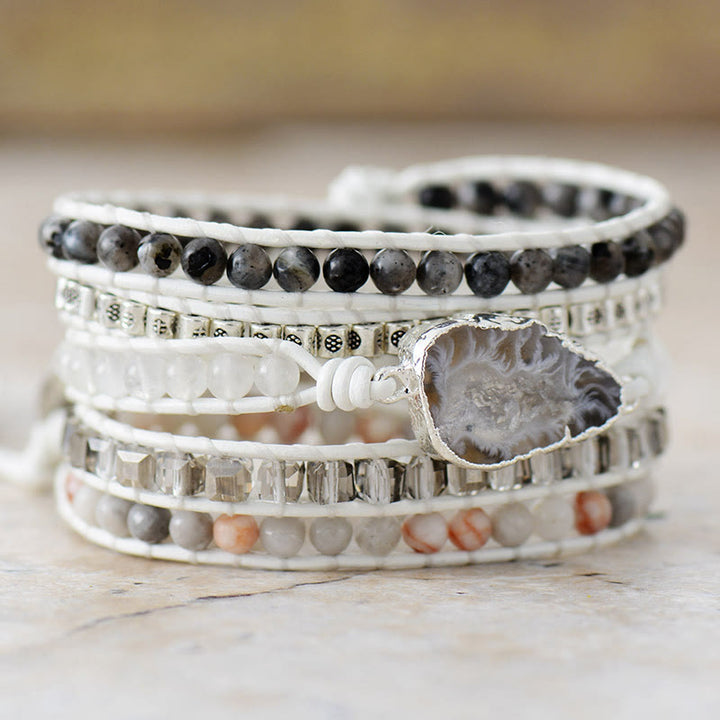 Bracelet Olivenorma en agate noire et blanche, 5 boucles, cordon en cuir, symbole de dualité - image 1