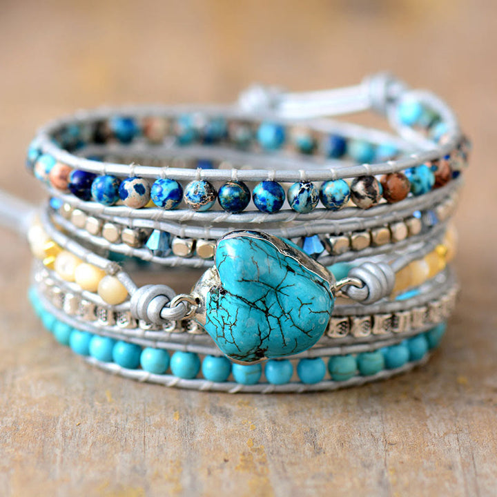 Bracelet Olivenorma en cuir turquoise, 5 anneaux, tricoté à la main, avec symbole spirituel - Turquoise - image 0