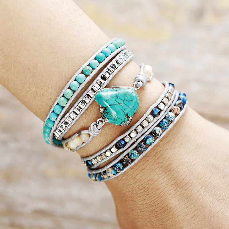 Bracelet Olivenorma en cuir turquoise, 5 anneaux, tricoté à la main, avec symbole spirituel - image 2