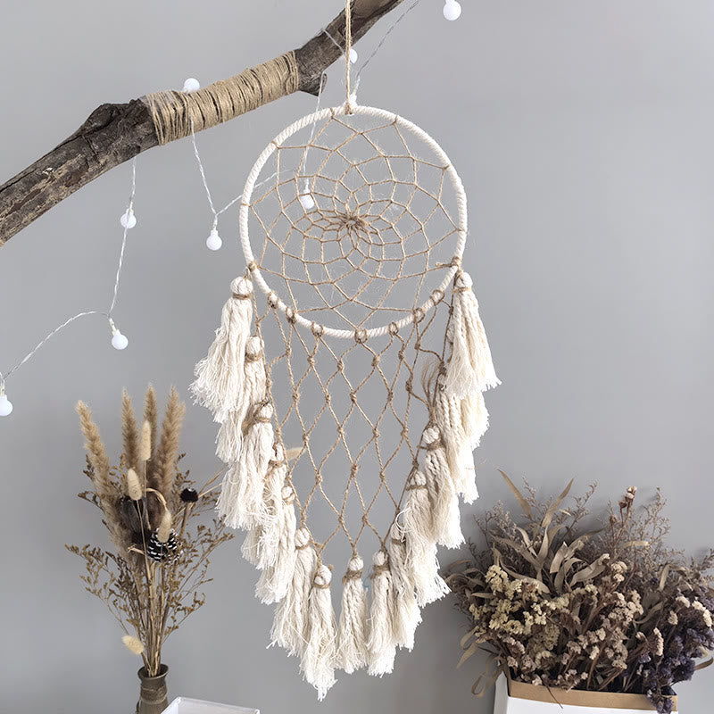 Olivenorma Corde de jute beige à pompons, attrape-rêves tissé à la main avec symbole de paix - Pompons beiges en corde de jute - image 0