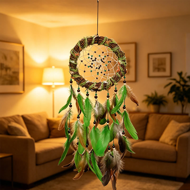 Attrape-rêves Olivenorma en plumes, perles, cordon, bois et brindilles, tissé à la main, symbole de la nature - image 3