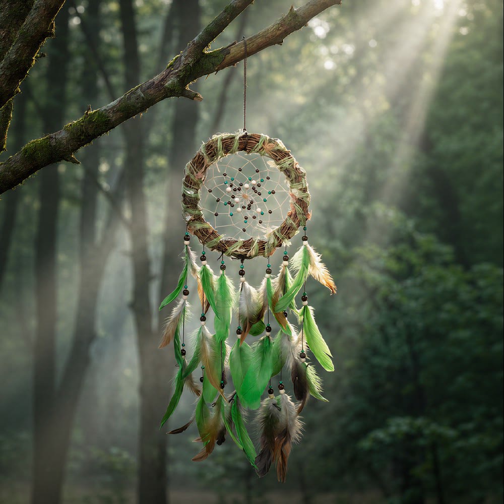 Attrape-rêves Olivenorma en plumes, perles, cordon, bois et brindilles, tissé à la main, symbole de la nature - image 4