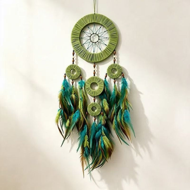 Attrape-rêves Olivenorma en cerceaux tissés, plumes colorées et perles de bois, tissé à la main, symbole de la nature - image 2