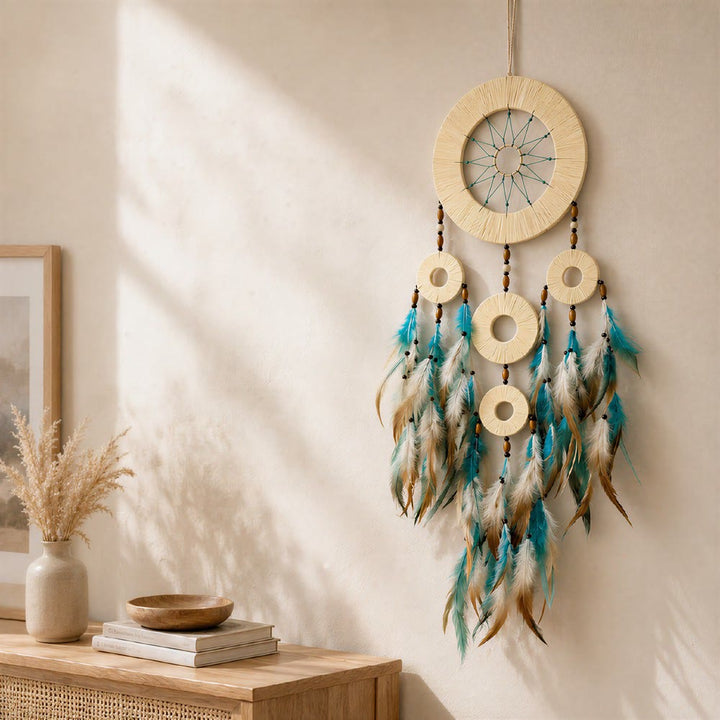 Attrape-rêves Olivenorma en cerceaux tissés, plumes colorées et perles de bois, tissé à la main, symbole de la nature - image 6