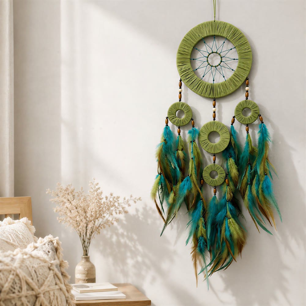 Attrape-rêves Olivenorma en cerceaux tissés, plumes colorées et perles de bois, tissé à la main, symbole de la nature - image 1