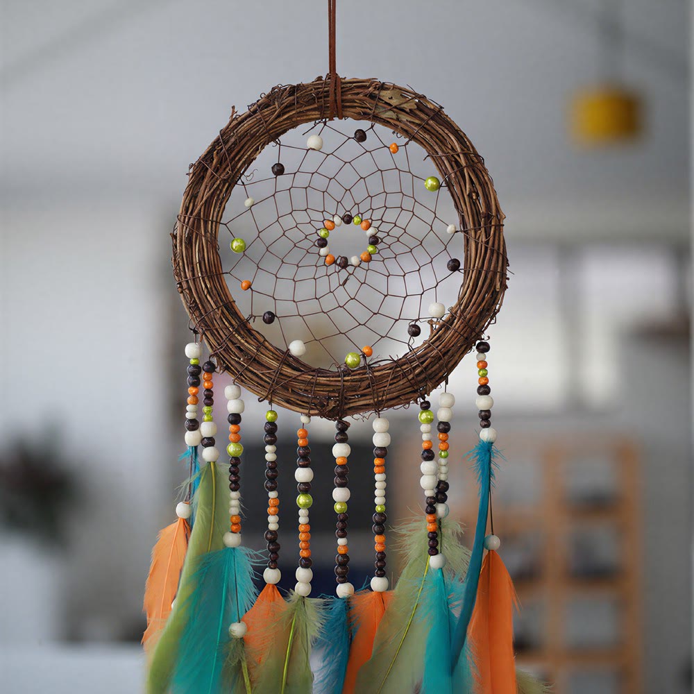 Attrape-rêves Olivenorma en rotin, plumes et perles mélangées, style bohème, symbole de la nature - image 5