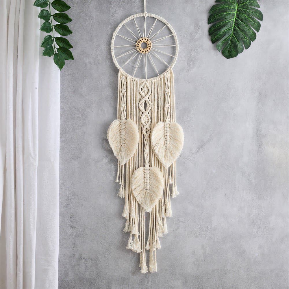 Olivenorma Cordon de coton Macramé Feuilles Pompons Bohème Symbole de la nature Attrape-rêves - Beige - image 3