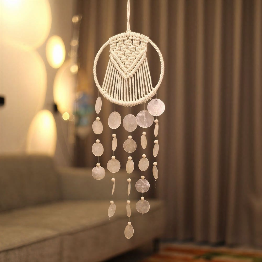 Attrape-rêves Olivenorma en macramé de coquillages, avec cercles en fer et ficelles en coton - image 1