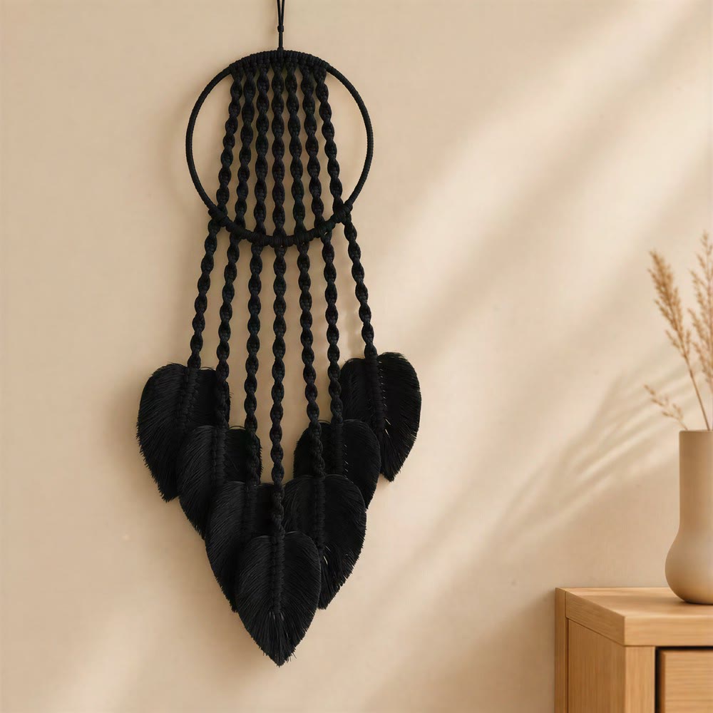 Attrape-rêves Olivenorma en métal, cordon de coton, macramé et feuille de bénédiction - Noir - image 4
