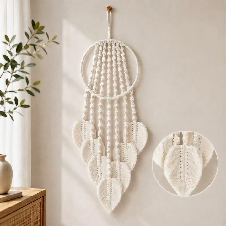 Attrape-rêves Olivenorma en métal, cordon de coton, macramé et feuille de bénédiction - Beige - image 1