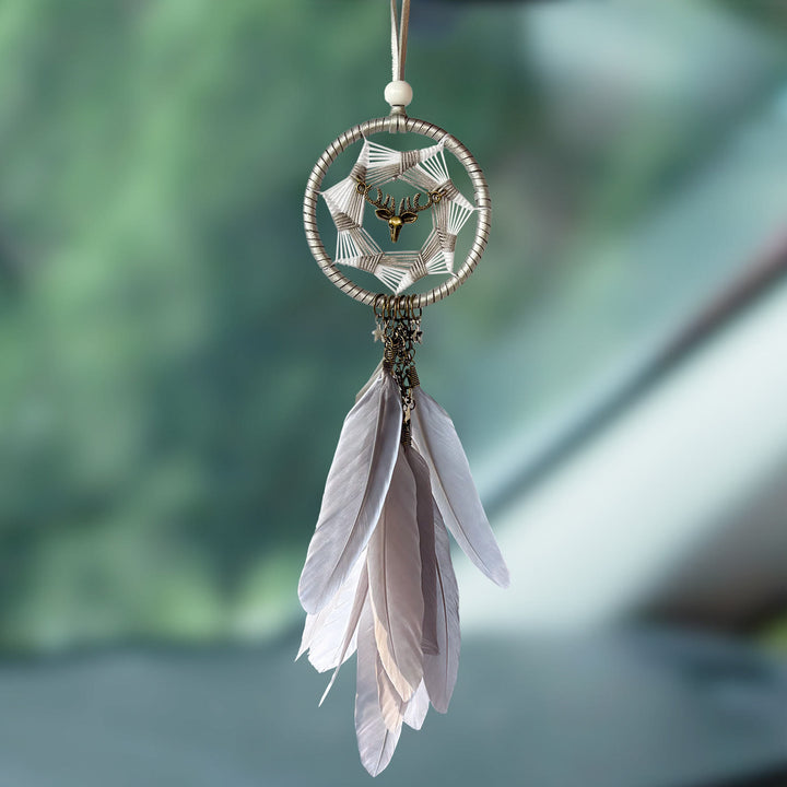 Attrape-rêves bohème Olivenorma en métal et plumes, porte-bonheur - Voyage en toute sécurité – Gris neutre - image 3