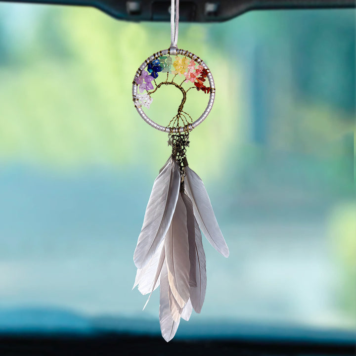 Attrape-rêves bohème Olivenorma en métal et plumes, porte-bonheur - Cristal arc-en-ciel – Gris neutre - image 7