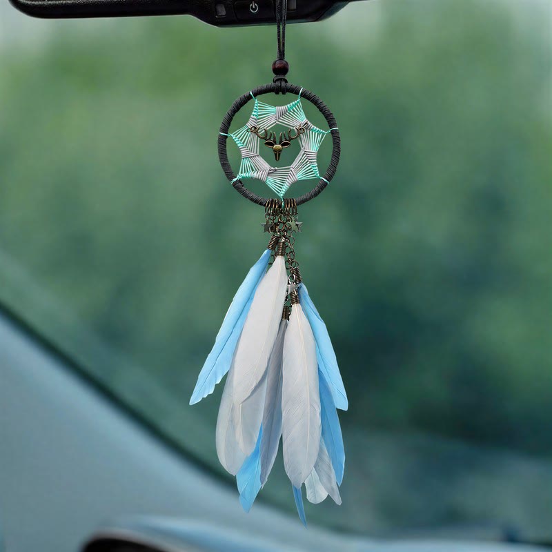 Attrape-rêves bohème Olivenorma en métal et plumes, porte-bonheur - Bon voyage – Bleu Blanc - image 0