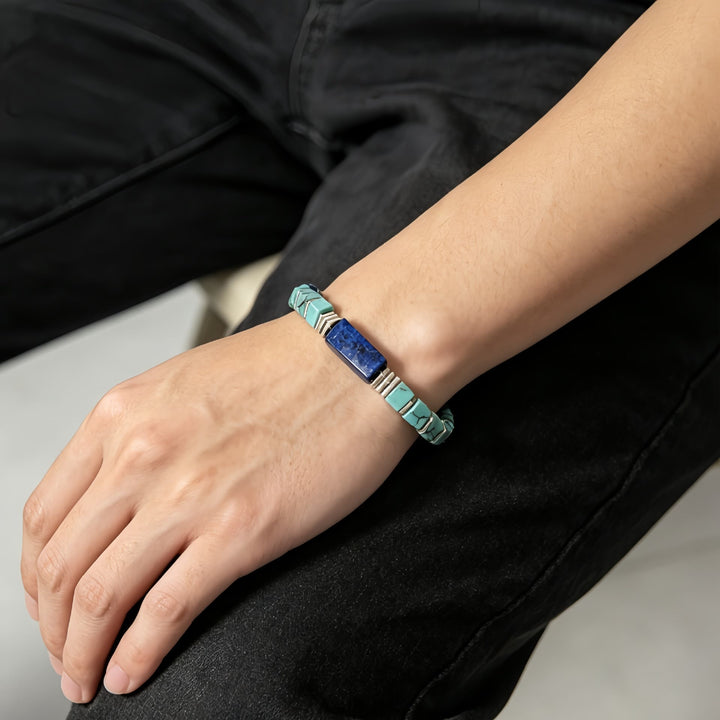 Bracelet Olivenorma en perles tubulaires carrées texturées de turquoise et lapis-lazuli naturels : attire la richesse, l’abondance et la prospérité - image 2