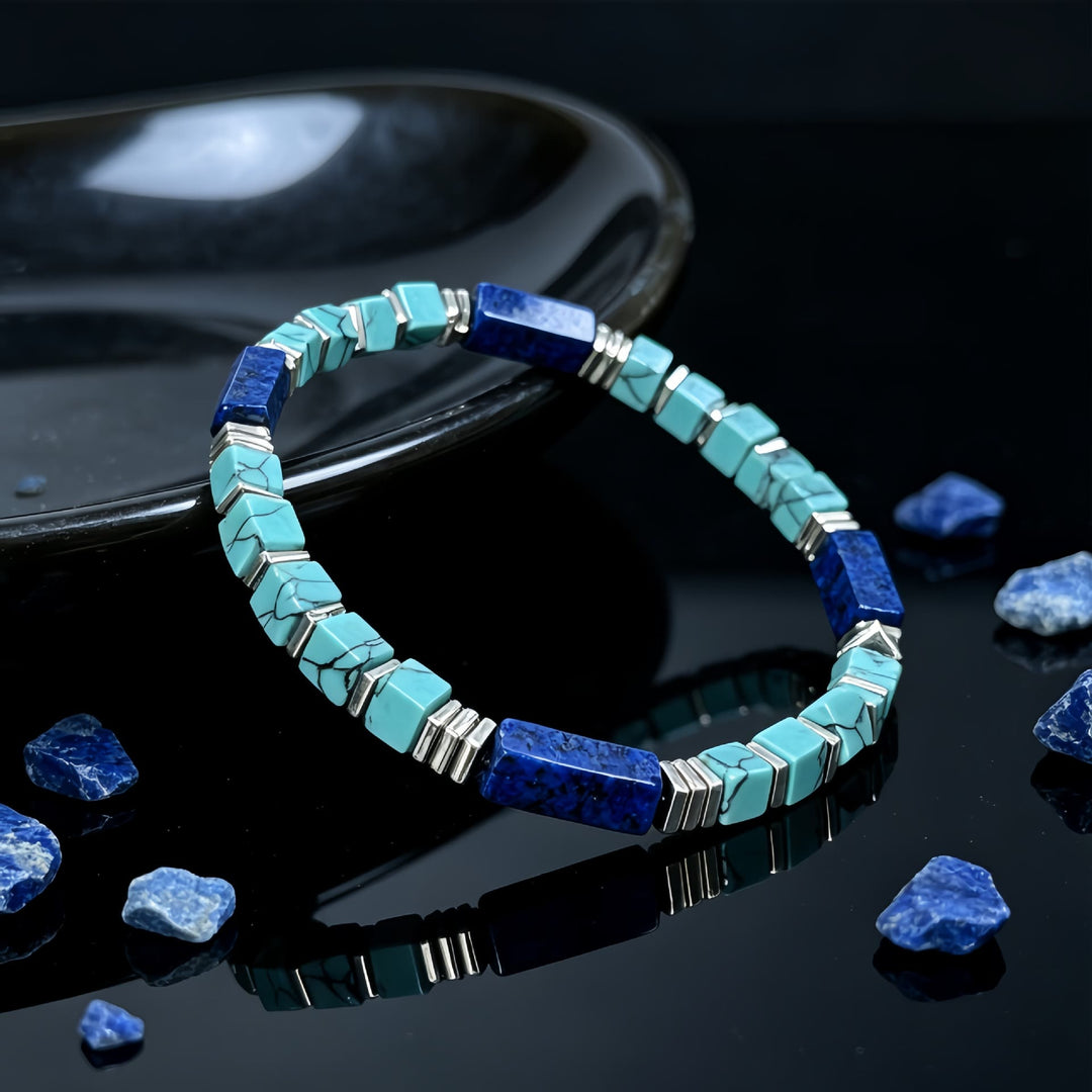Bracelet Olivenorma en perles tubulaires carrées texturées de turquoise et lapis-lazuli naturels : attire la richesse, l’abondance et la prospérité - image 4