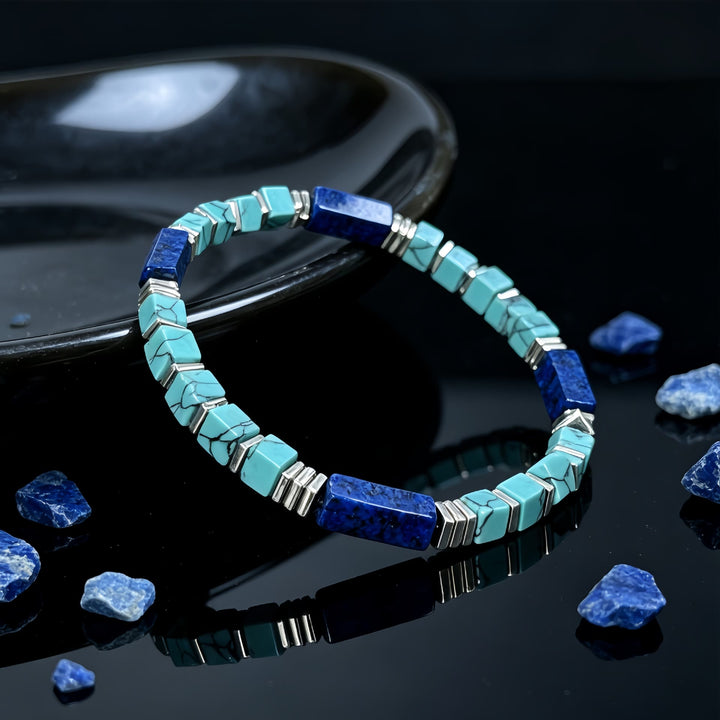 Bracelet Olivenorma en perles tubulaires carrées texturées de turquoise et lapis-lazuli naturels : attire la richesse, l’abondance et la prospérité - image 4