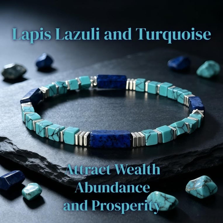 Bracelet Olivenorma en perles tubulaires carrées texturées de turquoise et lapis-lazuli naturels : attire la richesse, l’abondance et la prospérité - image 9