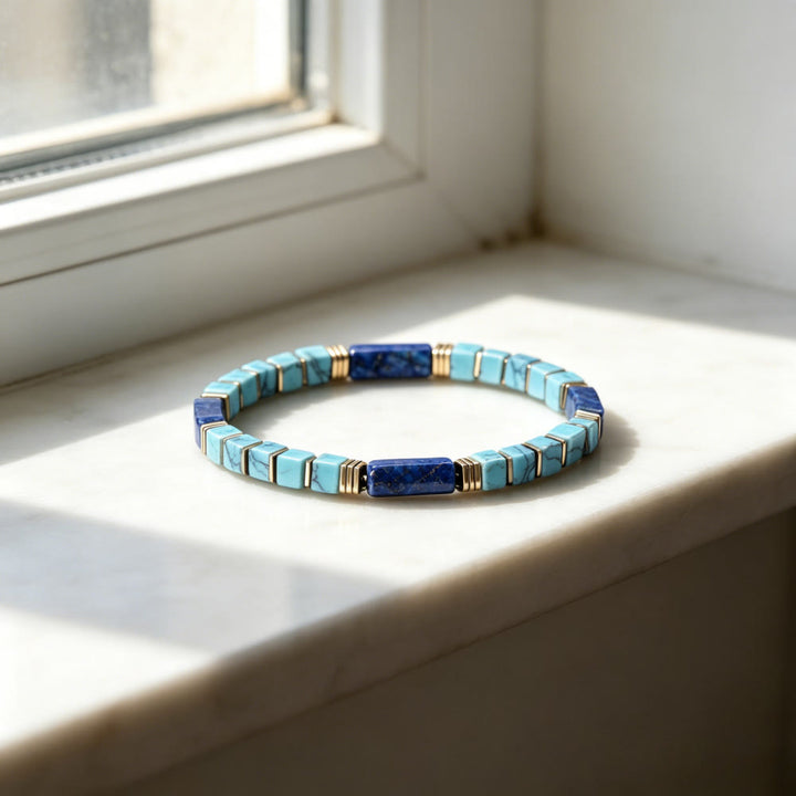 Bracelet Olivenorma en perles tubulaires carrées texturées de turquoise et lapis-lazuli naturels : attire la richesse, l’abondance et la prospérité - image 7