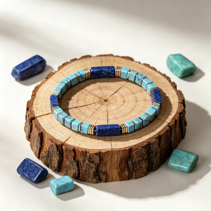 Bracelet Olivenorma en perles tubulaires carrées texturées de turquoise et lapis-lazuli naturels : attire la richesse, l’abondance et la prospérité - image 5