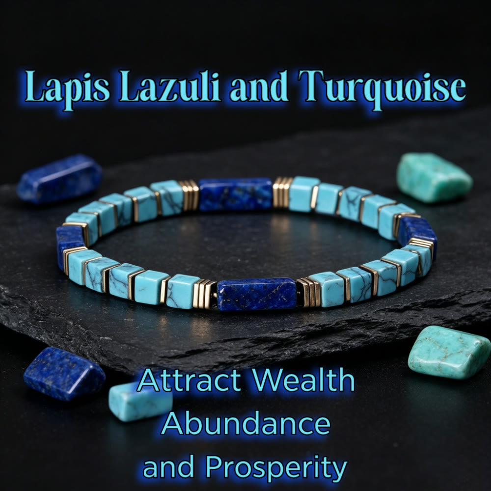 Bracelet Olivenorma en perles tubulaires carrées texturées de turquoise et lapis-lazuli naturels : attire la richesse, l’abondance et la prospérité - Turquoise et lapis-lazuli - image 0