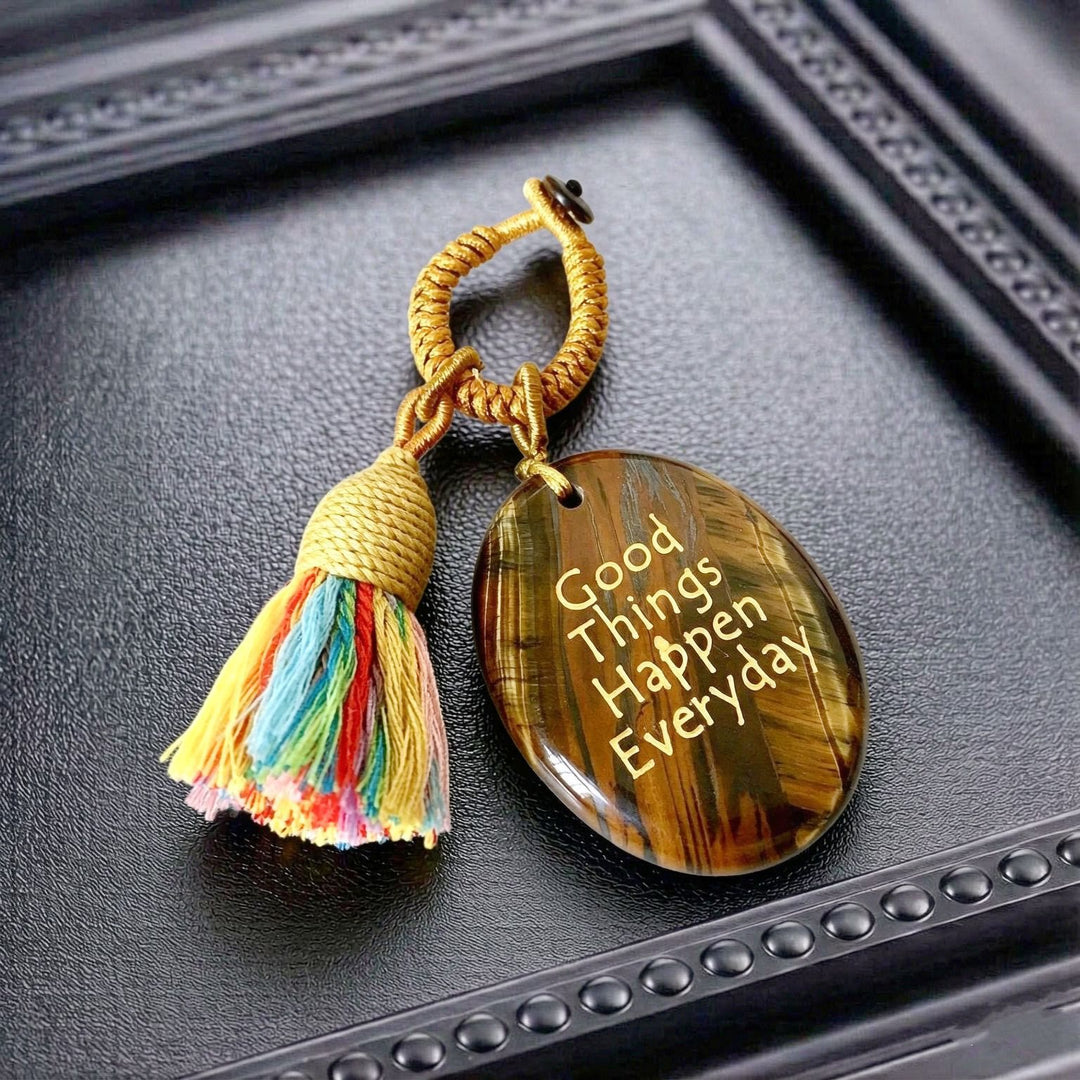 Porte-clés Olivenorma en cristal naturel, orné d'un pompon gravé et tissé à la main, porte-bonheur - Œil de tigre - image 18