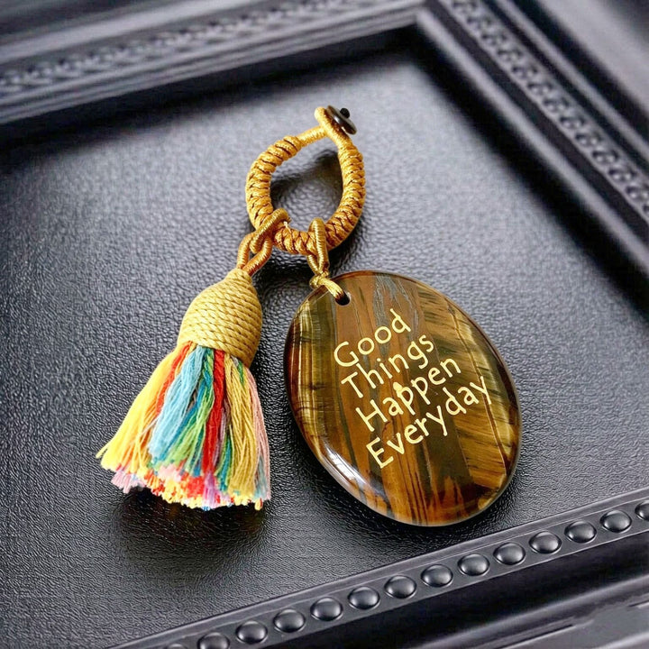 Porte-clés Olivenorma en cristal naturel, orné d'un pompon gravé et tissé à la main, porte-bonheur - Œil de tigre - image 18