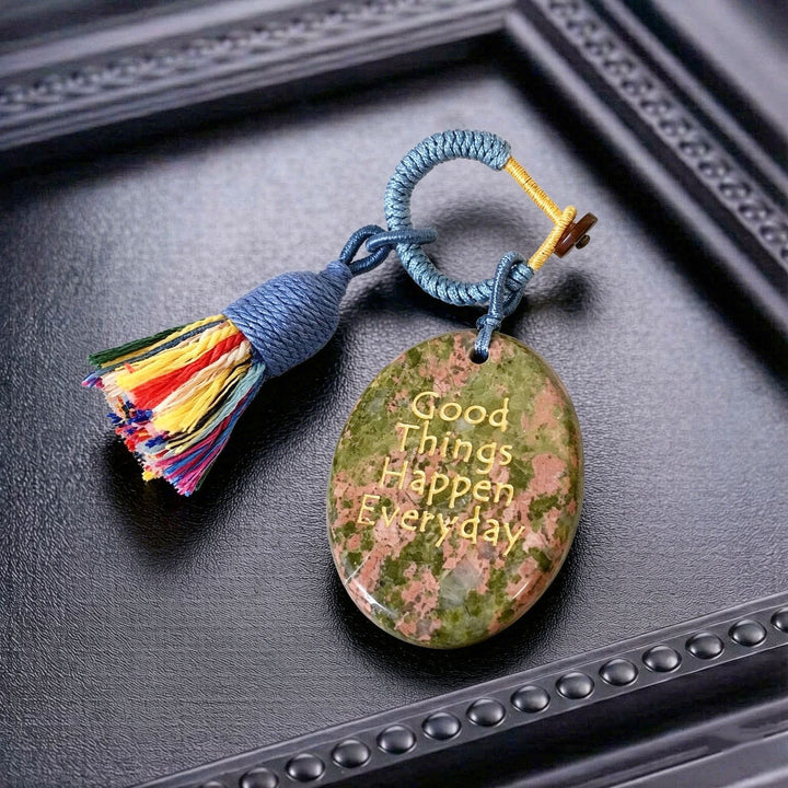 Porte-clés Olivenorma en cristal naturel, orné d'un pompon gravé et tissé à la main, porte-bonheur - Unakite - image 30
