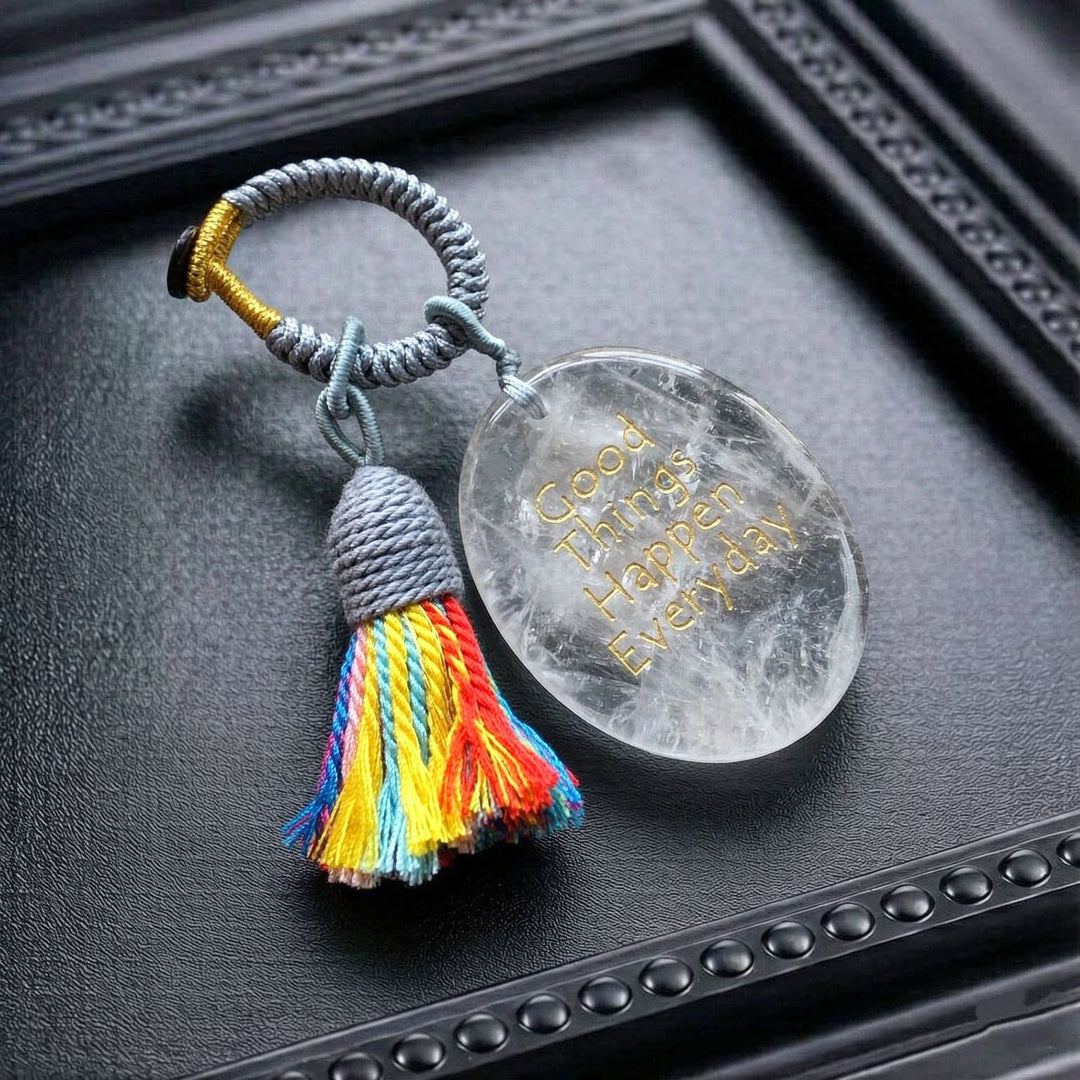 Porte-clés Olivenorma en cristal naturel, orné d'un pompon gravé et tissé à la main, porte-bonheur - Quartz clair - image 6