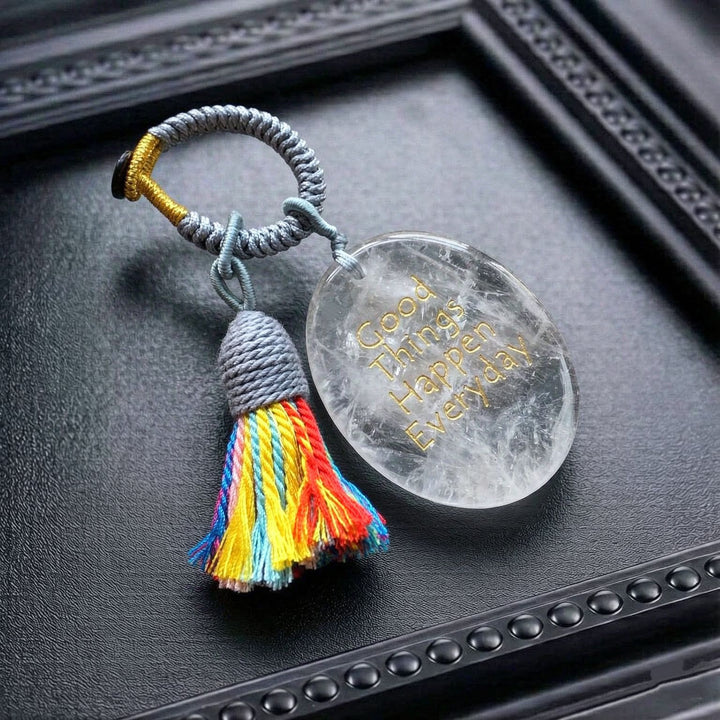 Porte-clés Olivenorma en cristal naturel, orné d'un pompon gravé et tissé à la main, porte-bonheur - Quartz clair - image 6