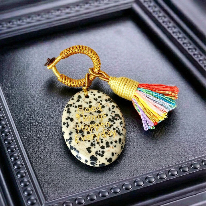 Porte-clés Olivenorma en cristal naturel, orné d'un pompon gravé et tissé à la main, porte-bonheur - Jasper dalmatien - image 20