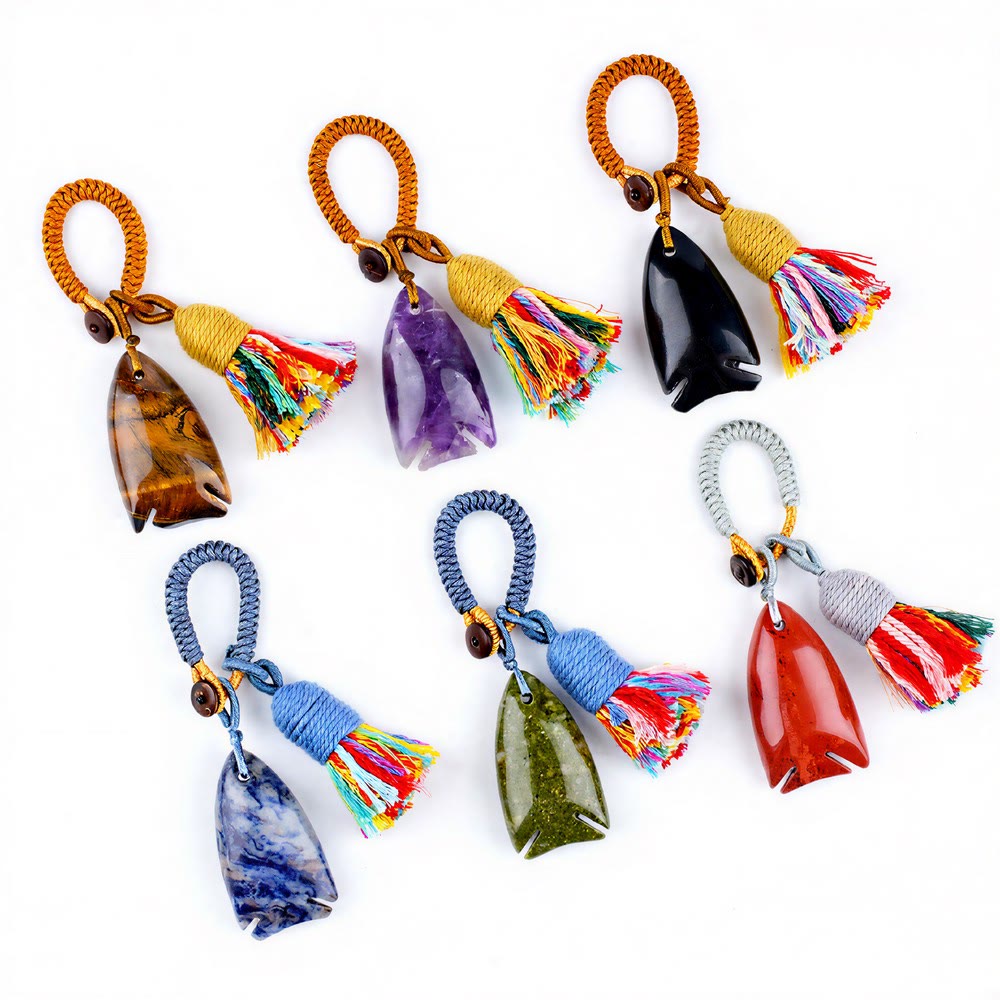 Porte-clés Olivenorma en cristal naturel, en forme de poisson, avec pompon tressé porte-bonheur - image 0