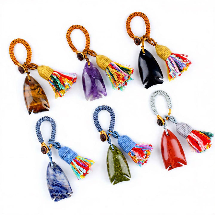 Porte-clés Olivenorma en cristal naturel, en forme de poisson, avec pompon tressé porte-bonheur - image 0