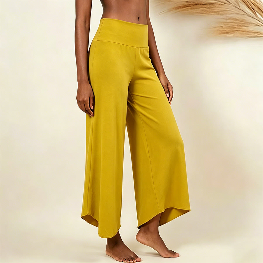 Pantalon de yoga court taille haute Olivenorma, couleur unie et extensible, idéal pour le sport et la détente. Coupe évasée. - Jaune - L - image 9